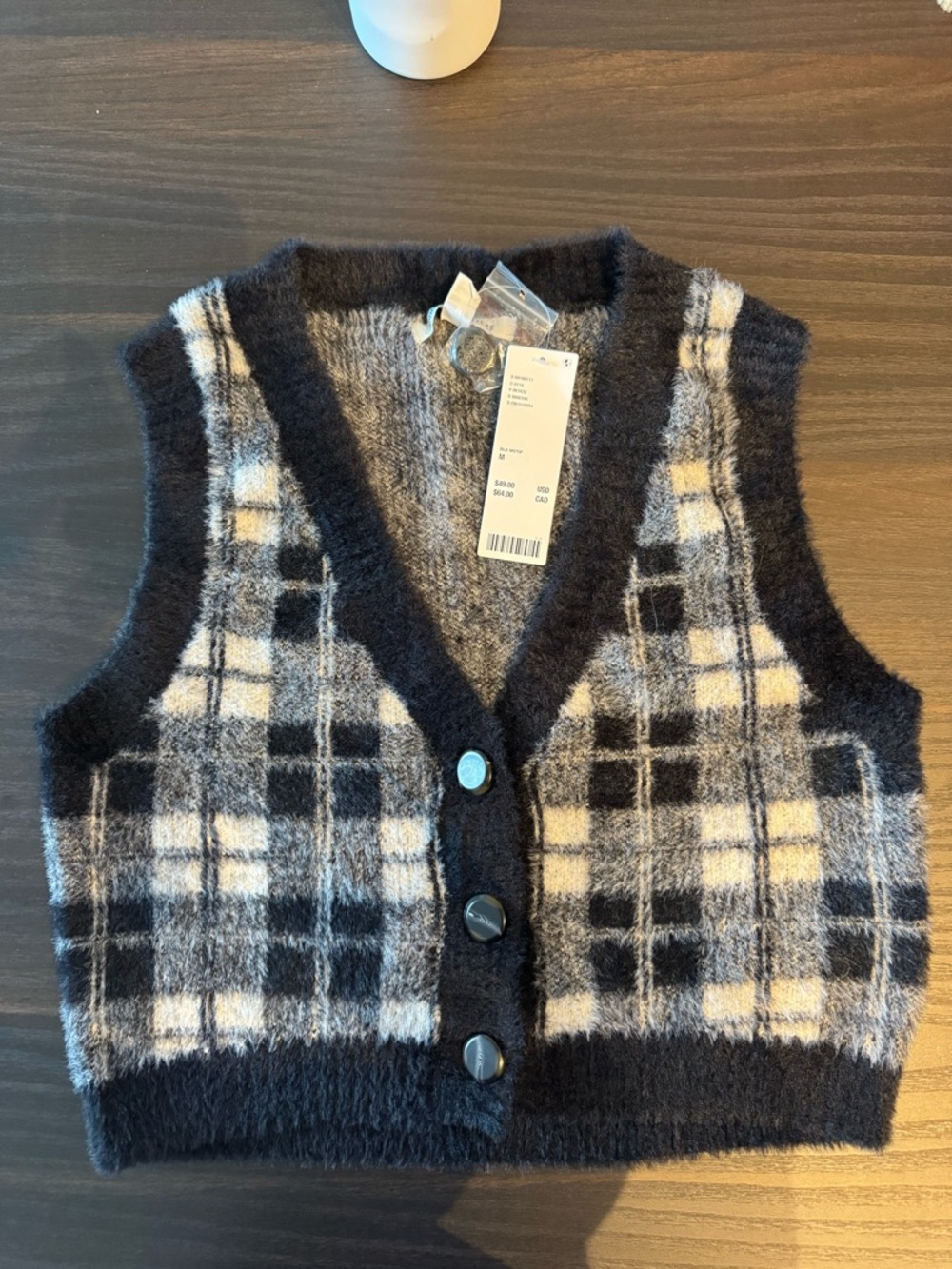 Urban Outfitters Black, White & Gray Plaid Fuzzy Knit Vest